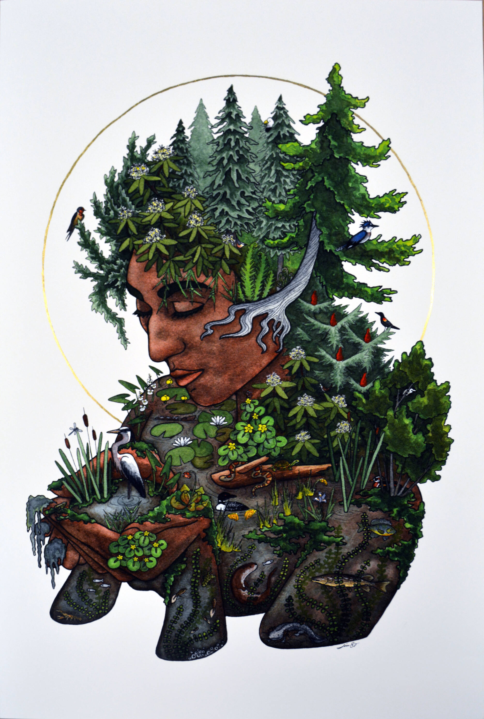 Colorful print of a woman, Mother Nature, surrounded by plants, trees, a pond, and rocks.